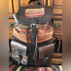 Vintage Dark Brown Tooled Leather and Woven Fabric Backpack